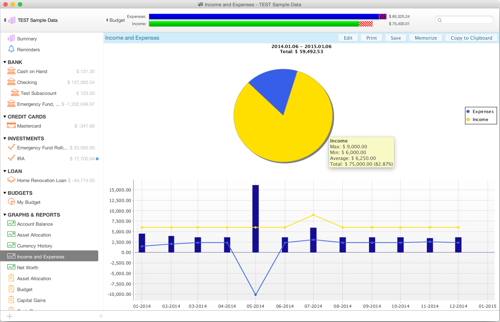 Graphing and charts in Moneydance displaying account income and expenditure over the last year.