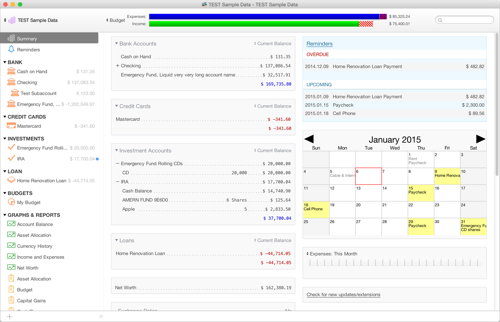 Moneydance showing the financial dashboard with incoming and outgoing transactions, reminders and account summaries all on show.