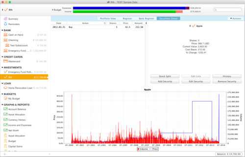 Tracking the highs and lows of stock investments in Moneydance.