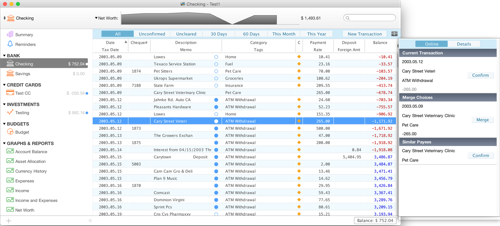 Moneydance showing a list of transactions which have been downloaded from one of the many financial institutions that Moneydance supports.