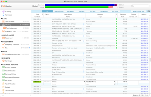 Entering transactions in Moneydance with categories, description and amount.