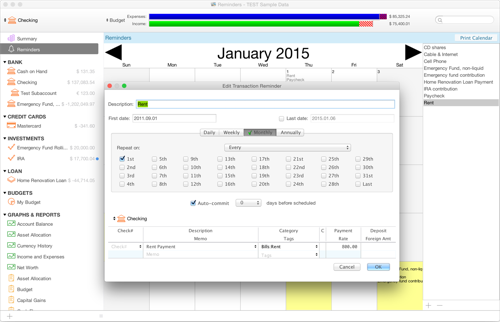 Setting up an account reminder in Moneydance so that you'll never miss a payment.